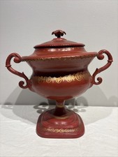 Regency-Style Red Tole Painted Chestnut Urn with Lion Mask Handles and Gilt Decoration — listing 5