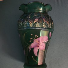 Fenton Iridescent Green JIP (Jack-in-the-Pulpit) Vase in Wrought Iron Leaf Stand, 11 inch — listing 4