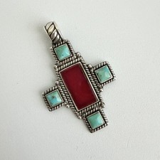 Southwestern Style Branch Coral and Turquoise Beaded Necklace with Silver Cross Pendant — listing 3