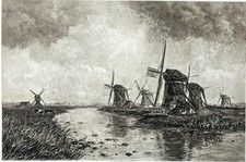 Antique 1901 Sepia Photogravure Print of Windmill Landscape with Sailboat in Oak Frame — listing 5