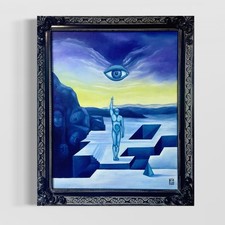 Original Signed Surrealist Portrait Painting of Blond Figure with Protruding Tongue, dated April 1999