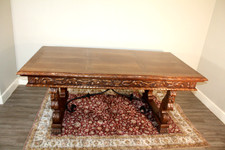 Antique American Victorian Quartersawn Oak Extension Dining Table with Carved Reeded Legs on Casters — listing 4