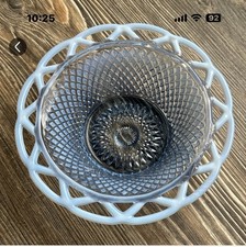 Blue Opalescent Open Lace Edge Footed Bowl in Cane / Windows Pattern — listing 2