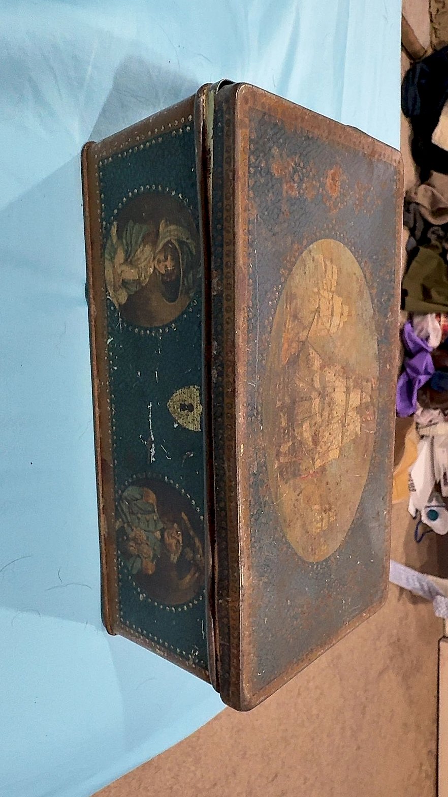 Antique Victorian/Edwardian Lithographed Tin Biscuit Box with Sailing Ship and Portrait Medallions
