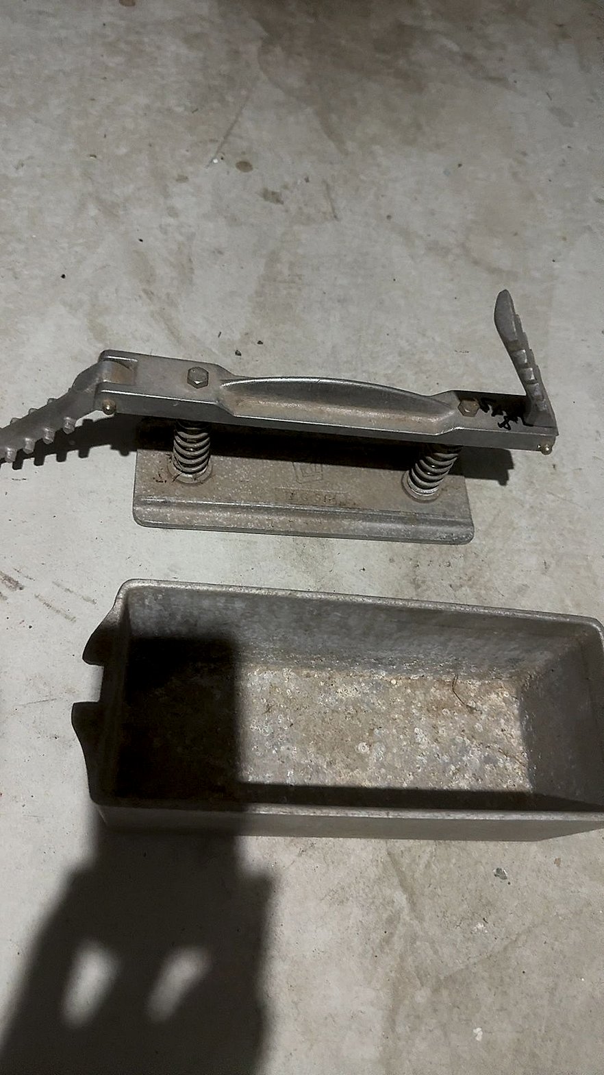 Vintage Cast Aluminum Spring-Loaded Meat Tenderizer Press with Tray, Maker Unknown