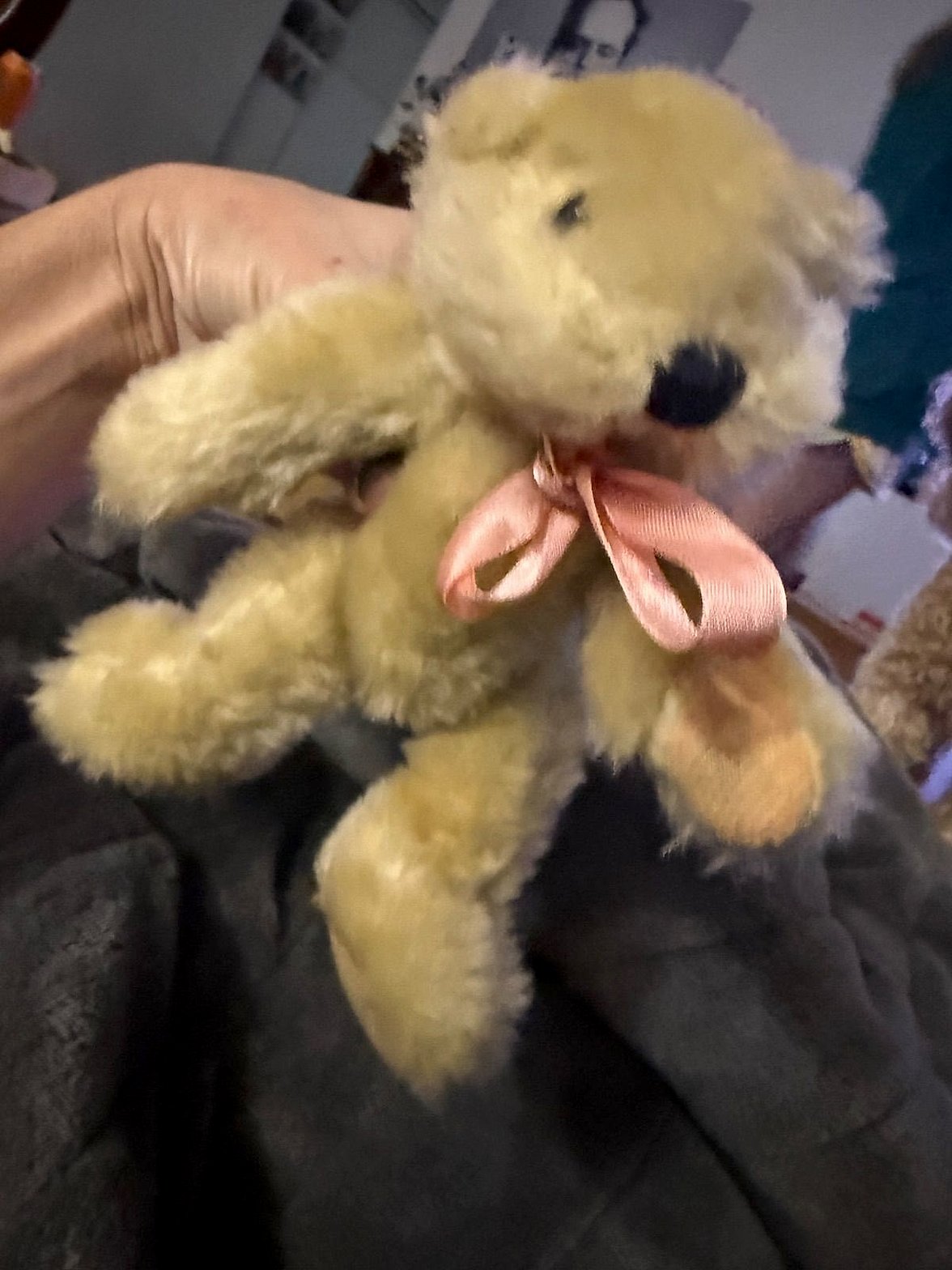 Small Jointed Plush Teddy Bear with Movable Legs and Pink Ribbon Bow, approx 6 inches