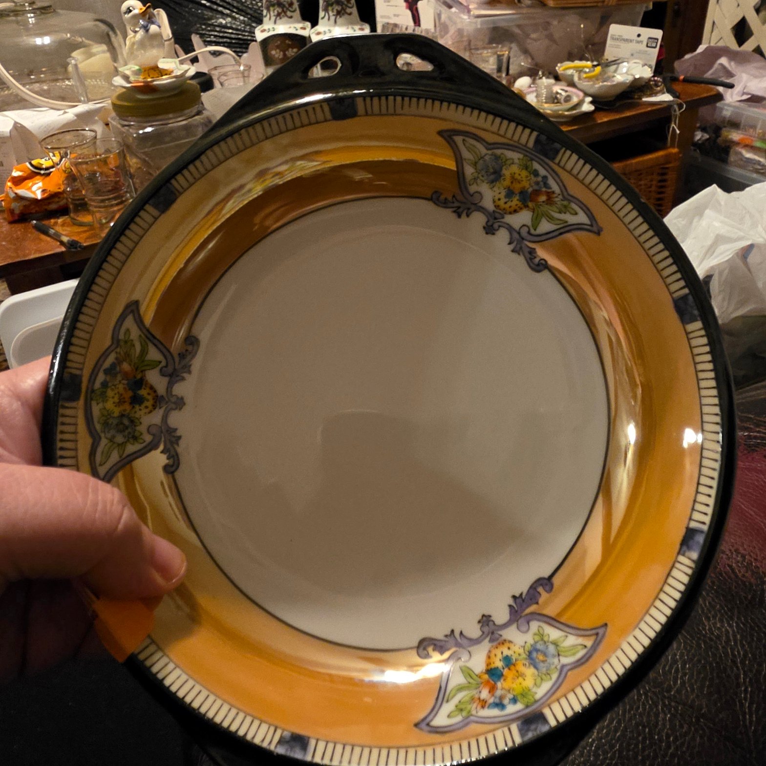 Noritake Lusterware Two-Handled Serving Bowl, Peach Luster with Black Rim and Floral Cartouches