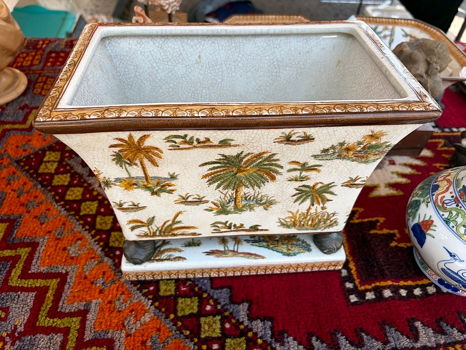 Chinese Export-Style Crackle Glaze Porcelain Rectangular Planter with Palm Tree Motif and Bronze Elephant Feet